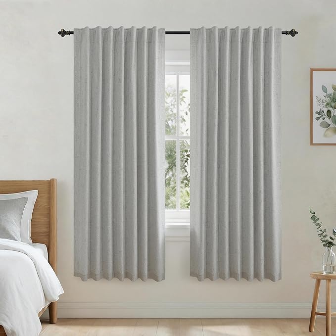 KOUFALL Black Out Curtains 63 Inch Long,Linen Textured Grey Curains for Bedroom Living Room Gray 63 Inch Length