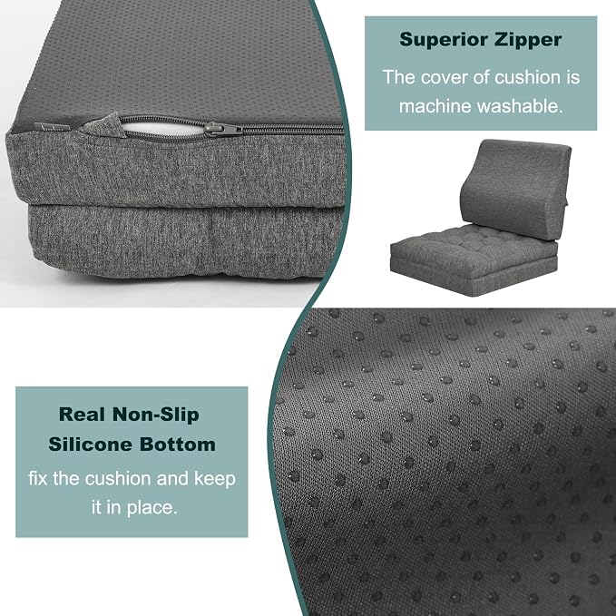 baibu Memory Foam Recliner Cushions with Lumbar Support Pillow Set for Elderly, 20x20x5 Inch Dual-Layer Non-Slip Recliner Seat Cushion & Back Support Pillow for Reduce Hip & Lumbar Pain, Dark Grey