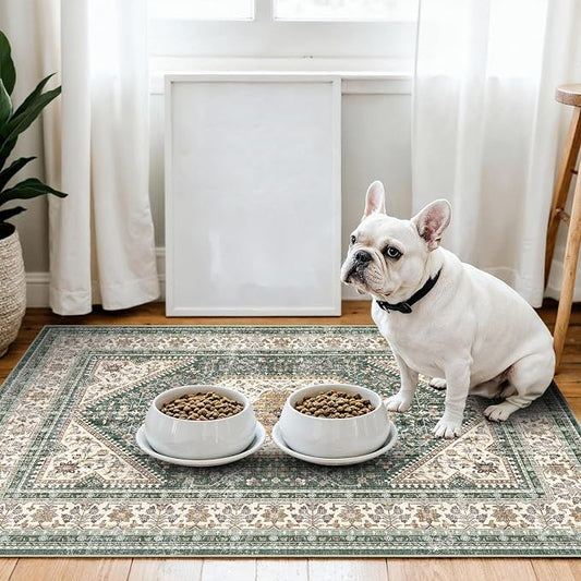 Washable 3x4 Area Rug for Entryway - Bedroom Rugs with Non Slip Rubber Backing for Kitchen Bathroom Indoor Soft Stain Resistant Carpet Rug for Pet Feeding Area and Distressed Floor Decor Green/Beige