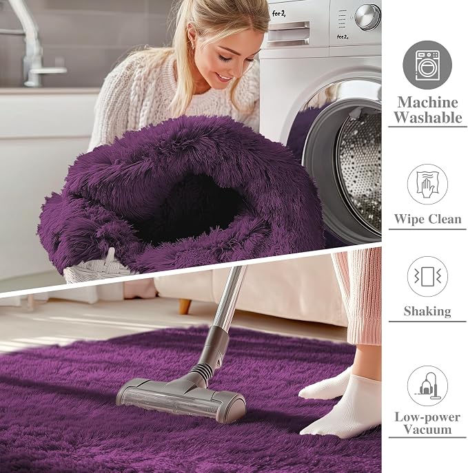 OLANLY 3x5 Machine Washable Small Bedside Rug, Soft Fluffy Shaggy Rugs for Living Room, Bedroom, Indoor Floor Carpet for Kids Girls and Boys, Preppy Dorms, Nursery, Home Decor Aesthetic, Dark Purple