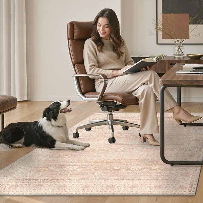 48"x60" Office Chair Mat for Hardwood Tile Floor, Under Desk Carpet Protector for Rolling Computer Chair Mat, Machine Washable Area Rug, Anti-Slip 1/5" Thick Low Pile Thin Vinyl Floor Mat, Dusty Pink