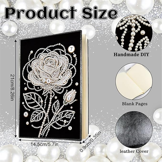 FRANDEK Pearl Painting Notebook Kit, Black and White Rose A5 DIY Journal with 50 Blank Pages, Diamond Gem Art Cover with Waterproof Canvas, Beginner Craft Set with Full Tools for Adults
