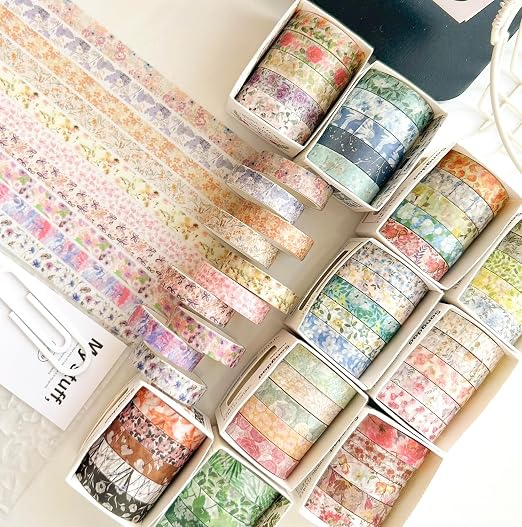 Flowers Washi Tape Set 30 Rolls Floral Patterns Decorative Skinny Slim Masking Tapes for Arts, DIY Crafts, Journals, Planners, Scrapbook, Wrapping (Blossoms Flourish)