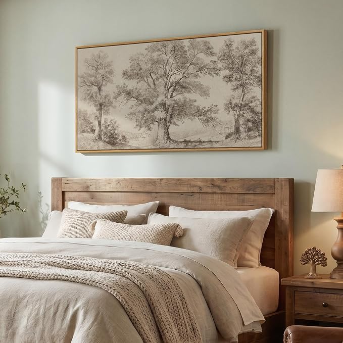Framed Vintage Landscape Wall Art for Living Room, Large Horizontal Neutral Canvas Artwork for Walls, Tree Pictures Prints Paintings for Bedroom Dining Room Wall Decor, 24x48 Inch