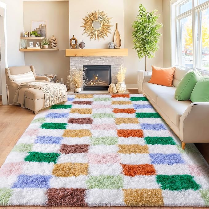 Area Rugs for Living Room 8x10, Ultra Fluffy Shag Checkered Rug Modern Washable Carpet Soft Shaggy Non Slip Indoor Plush Rugs for Bedroom Dorm Office Home Aesthetic Decor, Green and Orange Colorful