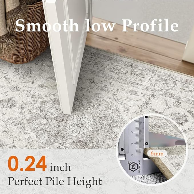 PureCozy 3x5 Area Rug Gray Washable Vintage Entryway Office Carpet Small Non Slip Soft Low Pile Soft Thin Kitchen Bathroom Retro Accent Throw Rug Entrance Bedroom Office Living Room Laundry
