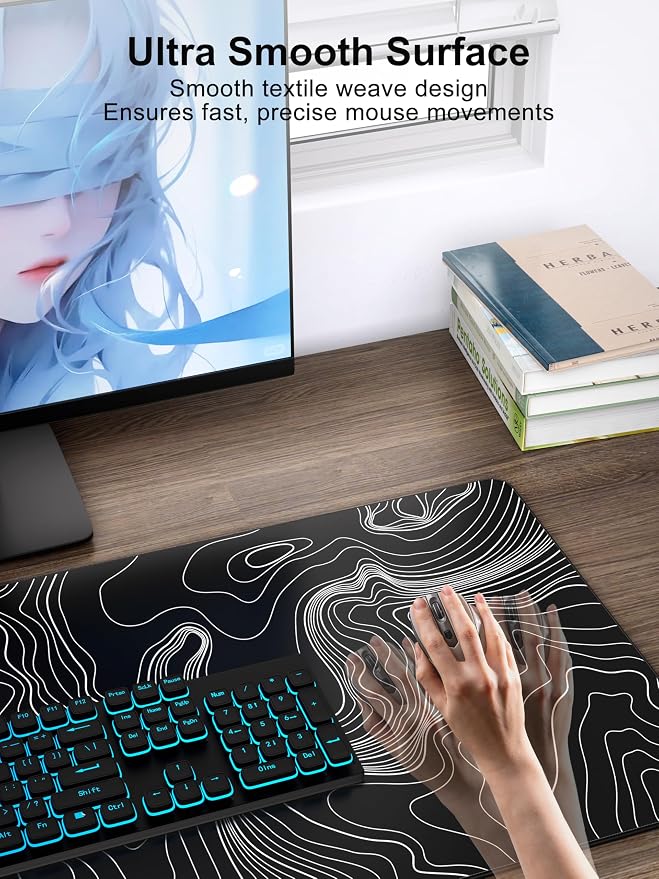 TopMade Mouse Pad with 15W Fast Wireless Charging, 31.5"x15.75" XXL Large Gaming Waterproof Desk Pad, Computer Desk Mat, Black Topographic Map #2 (Includes 20W PD Power Adapter & 6.56ft Woven Cable)