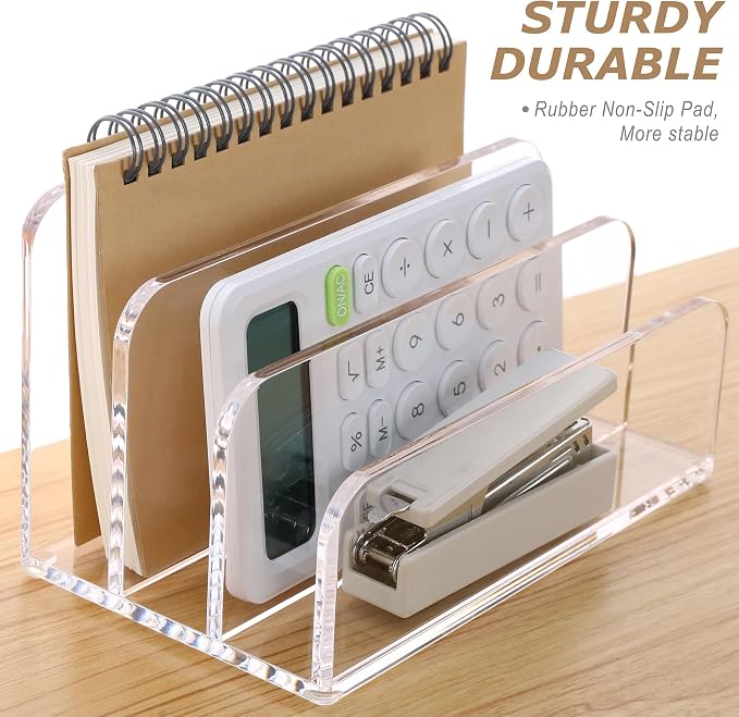 SANRUI Clear Mail Organizer Desk Sorter, Acrylic Letter File Holder 3-Slot | Laddered Office Document Mails Storage, Multifunction Letter Folder Racks Holders for Office,Home, School Desk Organization