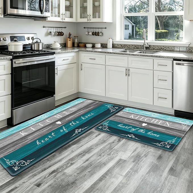 Sofort Kitchen Mats Cushioned Anti Fatigue, Non Slip Kitchen Mats for Floor | Farmhouse Kitchen Rugs, Waterproof, Comfort, Teal, Memory Foam, Turquoise, For Office, Sink, Laundry, 17"x 29"+ 17"x 47"