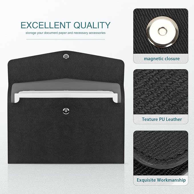 FYY File Folder, PU Leather A4 Document Holder File Organizer Filing Envelope Portfolio Case Tablet Sleeve with Magnetic Snap Closure for Home School Office Stationery Black