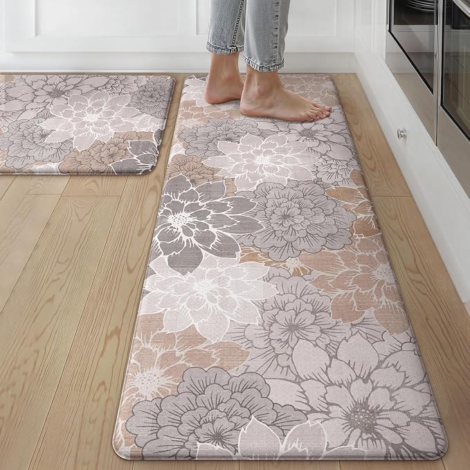 GENIMO Anti Fatigue Kitchen Mats for Floor 2PCS, Cushioned Standing Mats | 17.3"x59"&17.3"x30", Taupe Grey vintage floral rug set, waterproof, non slip, easy-clean for farmhouse