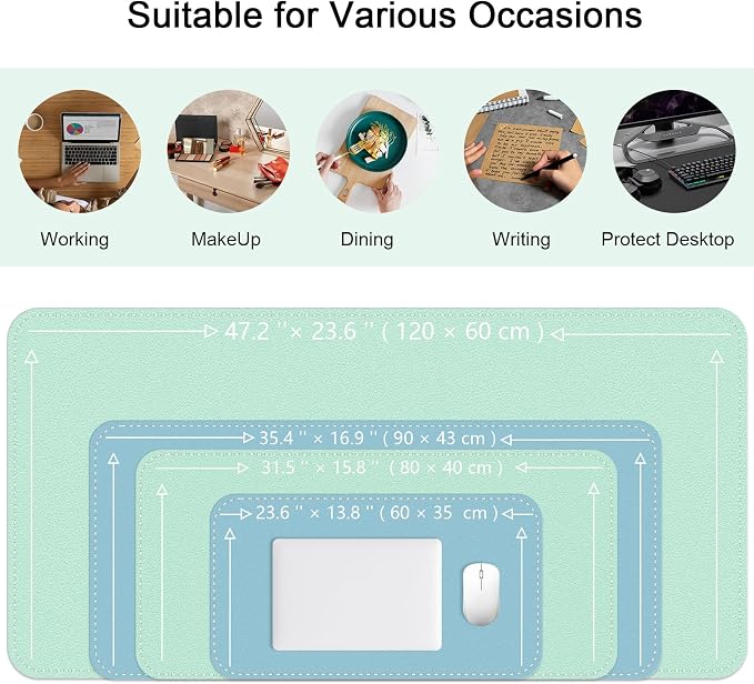 Dual-Sided Desk Mat, Large Pad, Waterproof Smooth PU Leather Blotter Protector, Mouse Pad, Desk Organizers, Office/Home Table Decor for Reading and Writing (Lake Green+Blue, 47.2''23.6'')