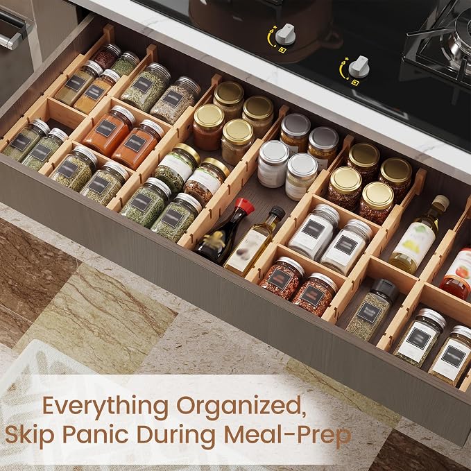 Bamboo Drawer Dividers 4 Pack with Inserts, Kitchen Adjustable Drawer Organizers for Home, Bedroom, Dresser, Expandable Organization 4 Dividers with 8 Inserts