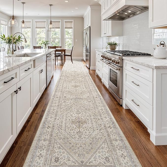 3x20 Runner Rug for Hallway Washable: Non Slip Kitchen Rugs with Rubber Backing Soft Waterproof Mats Stain Resistant Indoor Vintage Carpet Runner for Bedroom Bathroom Laundry Entryway Beige/Gray