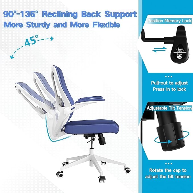 Office Chair (02BLue) | Smooth-rolling casters, space-saving design, height adjustable, for home office and gaming, sturdy construction