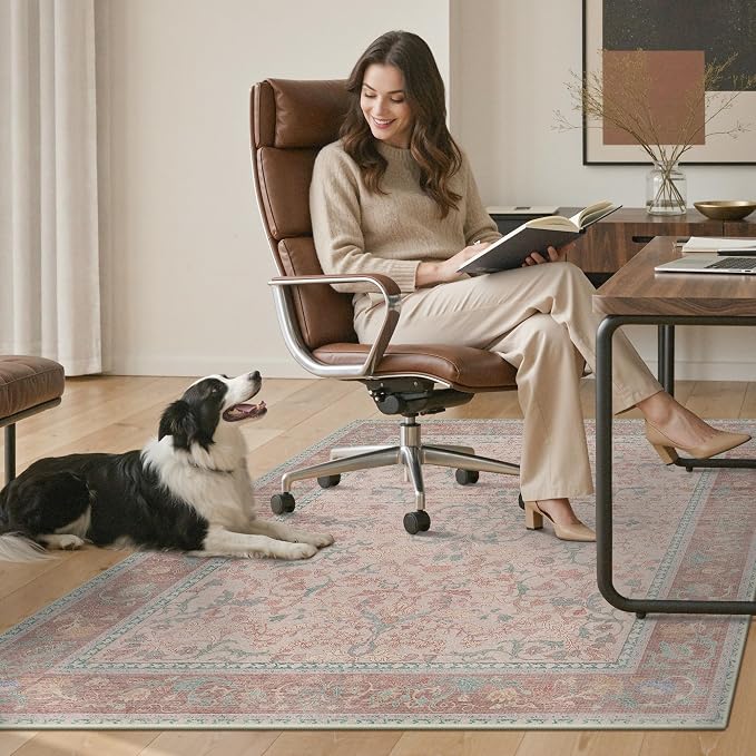 48"x72" Office Chair Mat for Hardwood Tile Floor, Under Desk Carpet Protector for Rolling Computer Chair Mat, Machine Washable Area Rug, Anti-Slip 1/5" Thick Low Pile Thin Vinyl Floor Mat, Pink