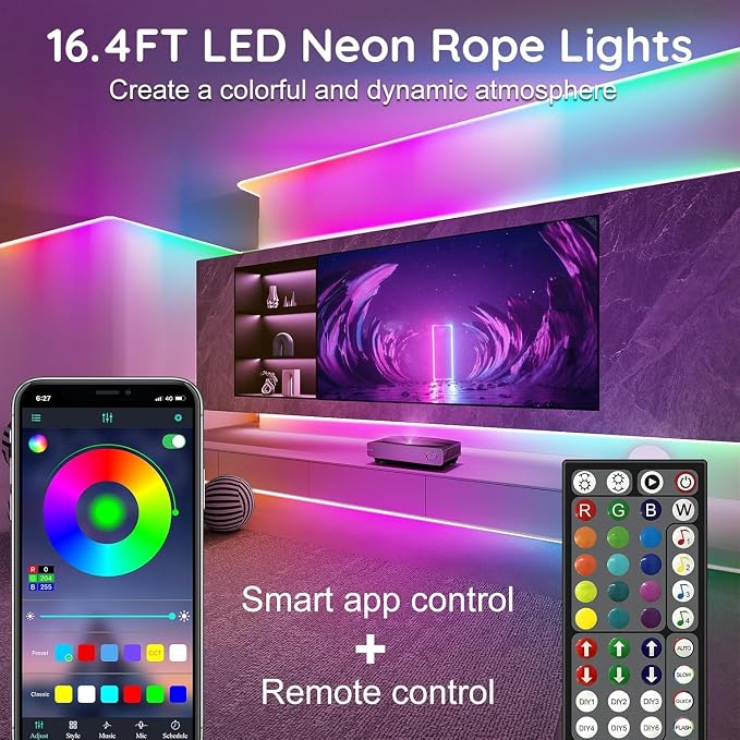 RCUICA 50FT LED Neon Rope Lights Waterproof with Smart App Control Remote,DIY Scene Modes,Music Sync hronization,Eaves Lights for Garden Decor,Deck,Christmas