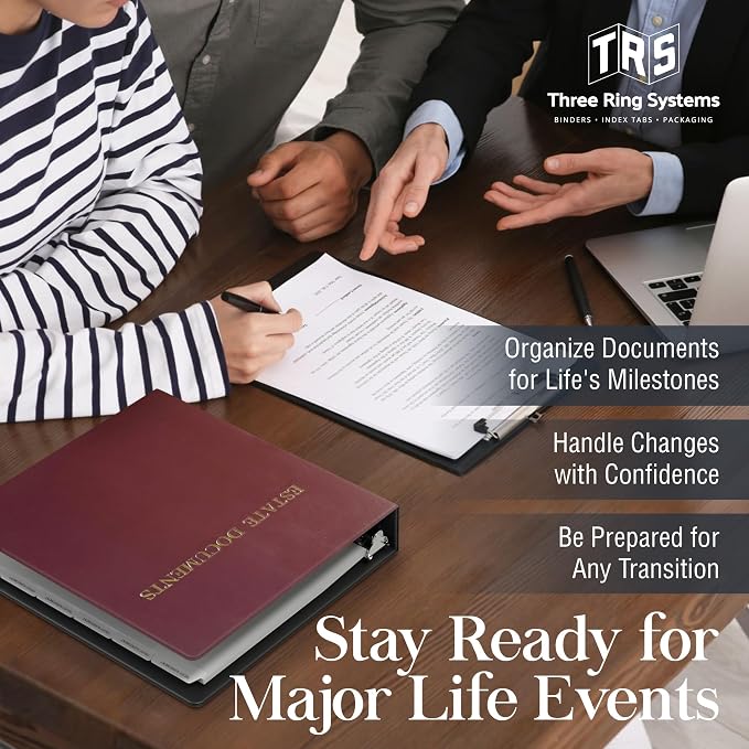 TRS Estate Planning Binder Kit – Pre-Labeled Tabs, Sheet Protectors | 1.5" D-Ring Faux Leather Organizer for Wills, Trusts, Power of Attorney & End-of-Life Planning | Burgundy