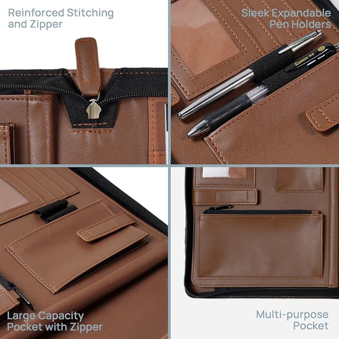 POPRUN Business Padfolio Folder, PU Leather Portfolio Binder with Writing Notebook, Tablet Sleeve, Card Slots and Pen Loop for Professionals, Interviews and Daily Work, Brown