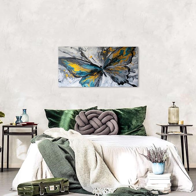 Abstract Butterfly Wall Art Teal Grey Yellow Butterfly Wall Decor Modern Marble Textured Canvas Poster Luxury Fluid Pictures Watercolor Neutral Artwork for Living Room Bedroom Home Decoration 20x40"