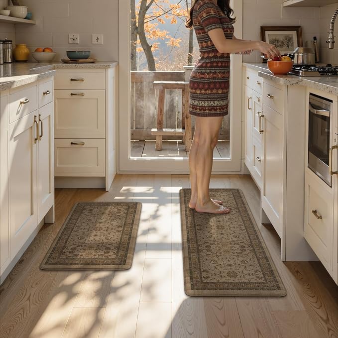 KIMODE Kitchen Floor Mats Anti Fatigue,Cushioned Rugs for Floor Sets of 2 | 17.3"x47"+ 17.3"x29",Brown,Farmhouse Rugs for Floor,Memory Foam Ergonomic Kitchen Mat Non Slip for Laundry Office Bathroom