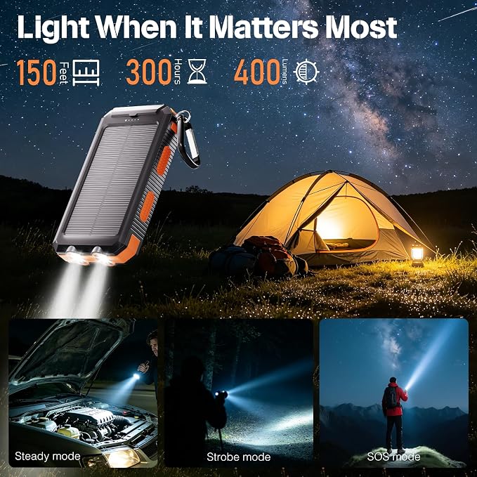 Solar Power Bank 38800mAh Portable Charger for Phone with USB-C, Outdoor Waterproof Battery Pack, 3 Outputs, Emergency LED Flashlight, Reliable Backup Power for Camping Hiking Travel and Power Outages