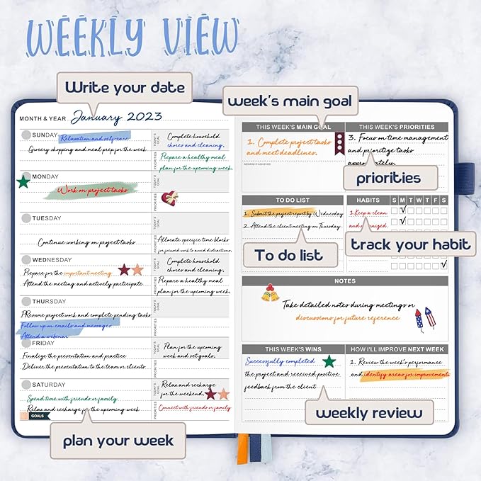 JUBTIC Planner for 2026, Undated Planner Weekly and Monthly Appointment Book for Time Management Productivity Planners with Stickers (Dark Blue)