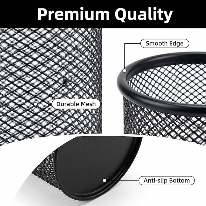 Pen Holder Mesh Pencil Holder Metal Pen Holder Cup Pencil Cup Holder for Desk Office Pen Organizer Black, 4 Pack