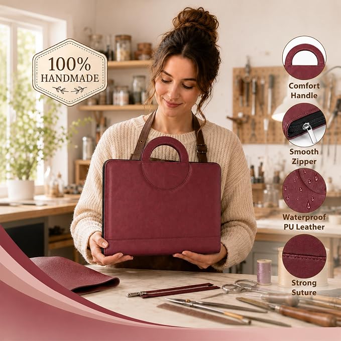 Darolin Vegan Leather Padfolio Portfolio with Handle, Zipper -Redwine | Business Portfolio Organizer for Meetings, Interviews, Travel, Resume, Clipboard Fits A4, Letter Size, Padfolio for Men Women