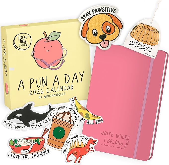 2026 Rockdoodles Punny Gift Set Bundle | Includes: (1) 2026 A Pun A Day Desk Calendar, (1) Limited Release Rockdoodles Journal, (5) All New Stickers, (1) Vanilla Bean Air Freshener, & (1) "Stay Pawsitive" Patch – Perfect Funny Gift for Friends, Family,...