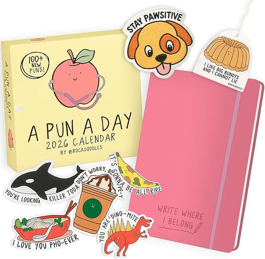 2026 Rockdoodles Punny Gift Set Bundle | Includes: (1) 2026 A Pun A Day Desk Calendar, (1) Limited Release Rockdoodles Journal, (5) All New Stickers, (1) Vanilla Bean Air Freshener, & (1) "Stay Pawsitive" Patch – Perfect Funny Gift for Friends, Family,...