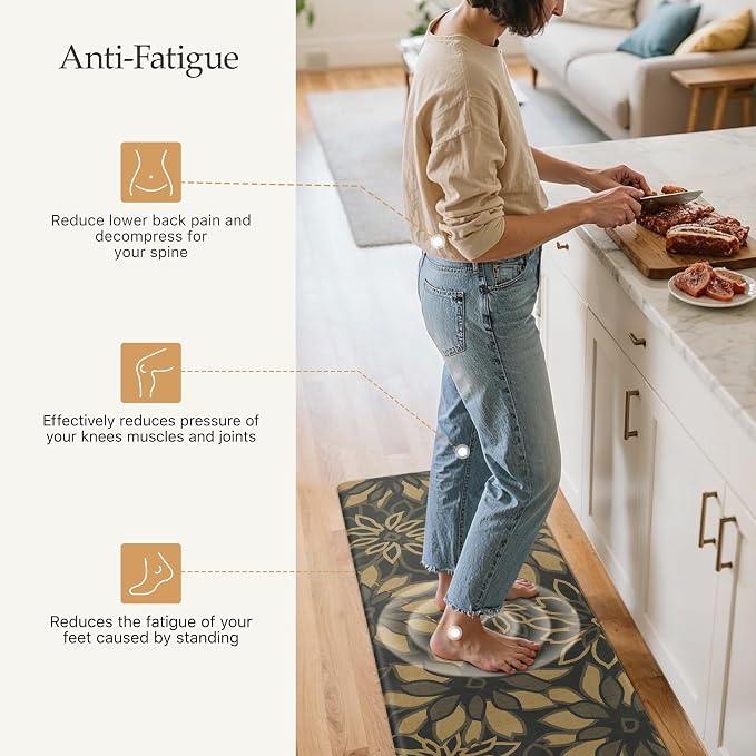 GENIMO Anti Fatigue Kitchen Mats for Floor 2PCS, Cushioned Standing Mats | 17.3"x59"&17.3"x30", Black Brown vintage floral rug set, waterproof, non slip, easy-clean for farmhouse