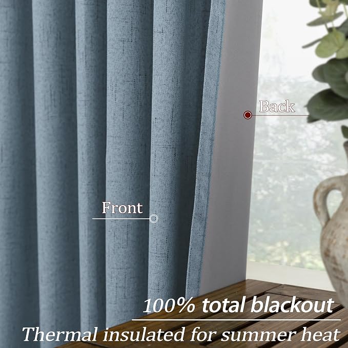 KOUFALL 52x102 Inches Long Stone Blue Back Tab Linen Blackout Curtains for Living Room