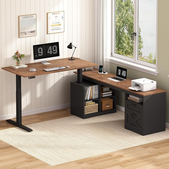 YOMILUVE Farmhouse L Shaped Standing Desk, 66 inch Corner Electric Standing Desk with Drawers ＆ Storage Shelves, Height Adjustable Computer Desk with Power Outlets for Home Office (Black and Brown) | Corner Electric Standing Desk with Drawers ＆ Storage...