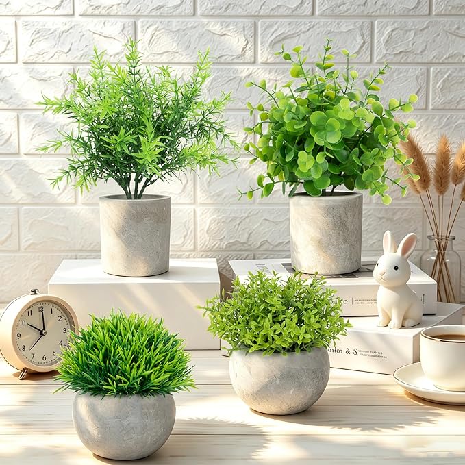 ZAIYW 4 Pack Small Fake Plants Indoor, Mini Potted Artificial Plants Eucalyptus Rosemary for Home Kitchen Office Balcony Desk Table Farmhouse Bathroom Shelf Decor