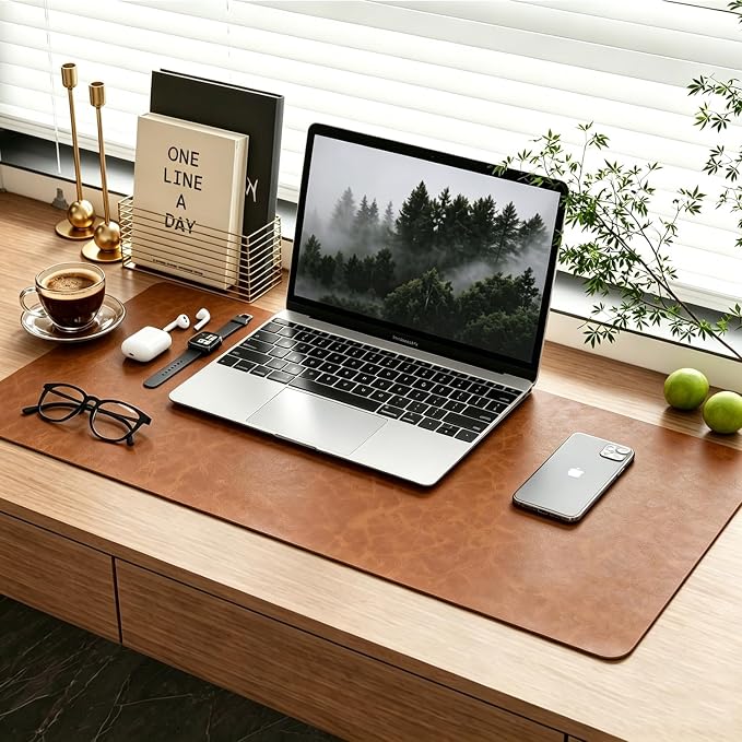 Distressed Leather Desk Mat - Non-Slip PU Leather Desk Pad Protector - Large Waterproof Mouse Pad Computer Keyboard Desk Mat Desk Accessories for Office & Home (Brown, 23.6"x 15.7")