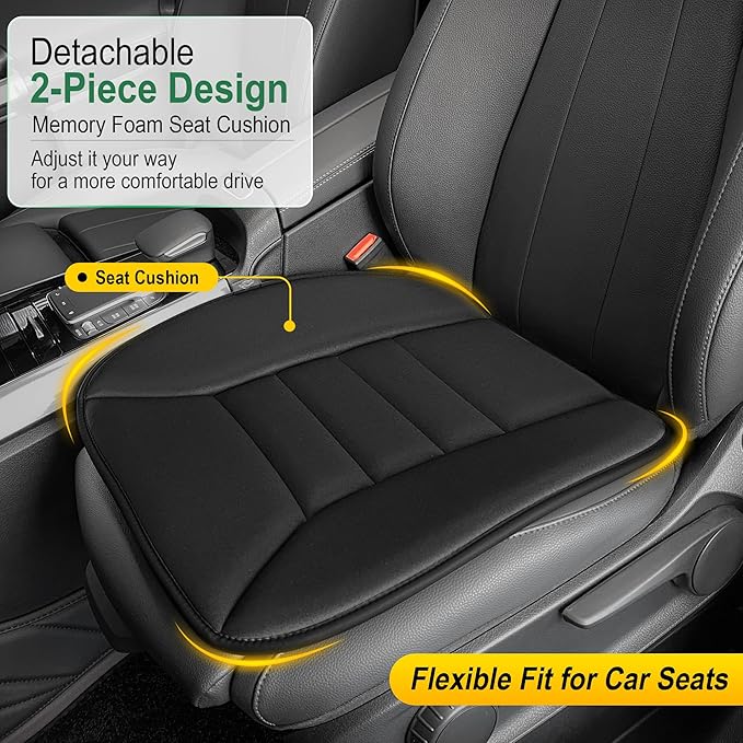kingphenix 3-Piece Memory Foam Car Seat Cushion Set for Driving Comfort | 2 Front Seat Cushions and 1 Rear Bench Pad, 1.2-Inch Memory Foam, Non-Slip Bottom for Sedan, SUV, Truck and Van, Black