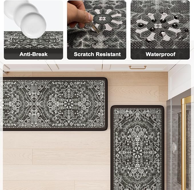 KIMODE Anti Fatigue Kitchen Mat Cushioned, Boho Kitchen Rugs Sets of 2 | Non Slip Memory Foam Kitchen Mat for Floor, Distressed Standing Desk Mat for Laundry Office Sink 17.3"x29"+17.3"x59" Black