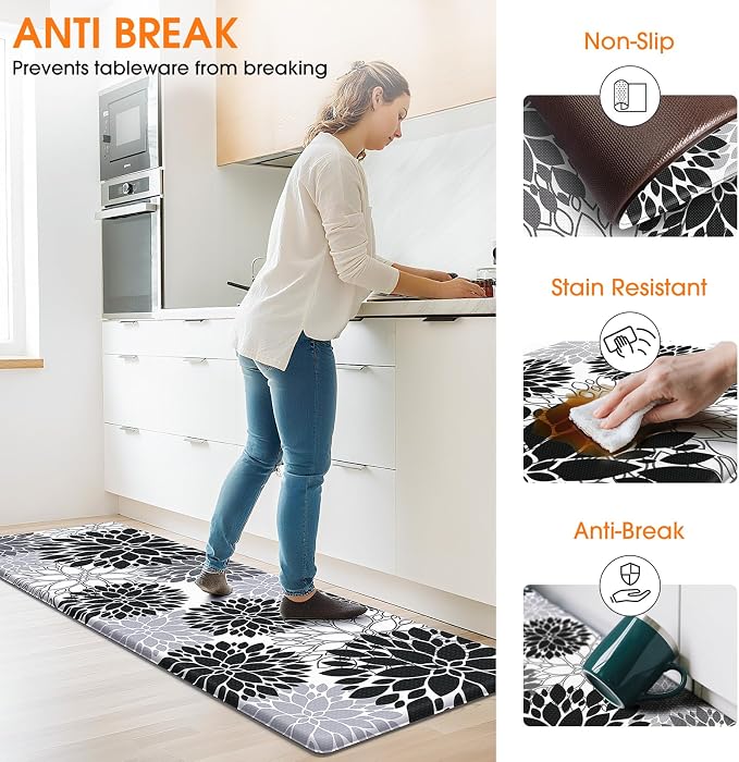 StepLively Kitchen Mats for Floor 2PCS, Anti Fatigue Mats for Kitchen Floor, Kitchen Accessories for Sink, Office, Laundry, 17.3"×30"+17.3"×47", White and Black