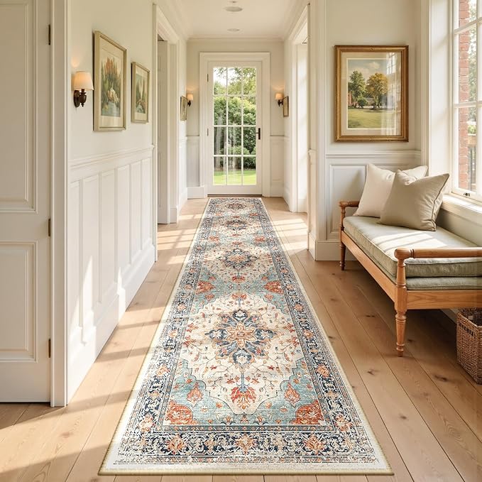 RELEANY Area Rugs Runner 3'x12' Washable Non-Slip, Floral Vintage Distress Medallion Carpet for Kitchen Hallway Bedroom Beside Laundry Room Bathroom, Beige Navy Blue Orange Colorful