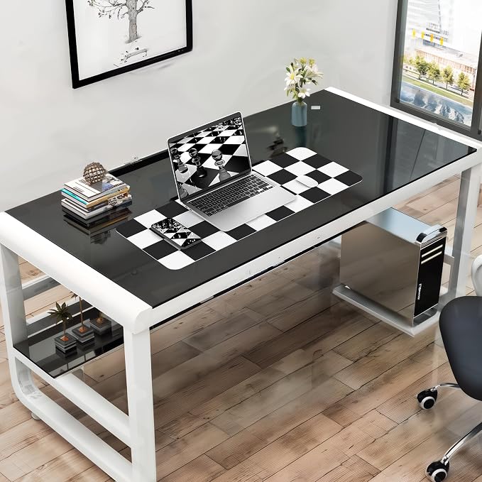 Non-Slip Checkered Desk Mat, 31.5"x12", White Black | Waterproof PU Leather, Large Blotter, Easy Clean, For Work/Home/Decor