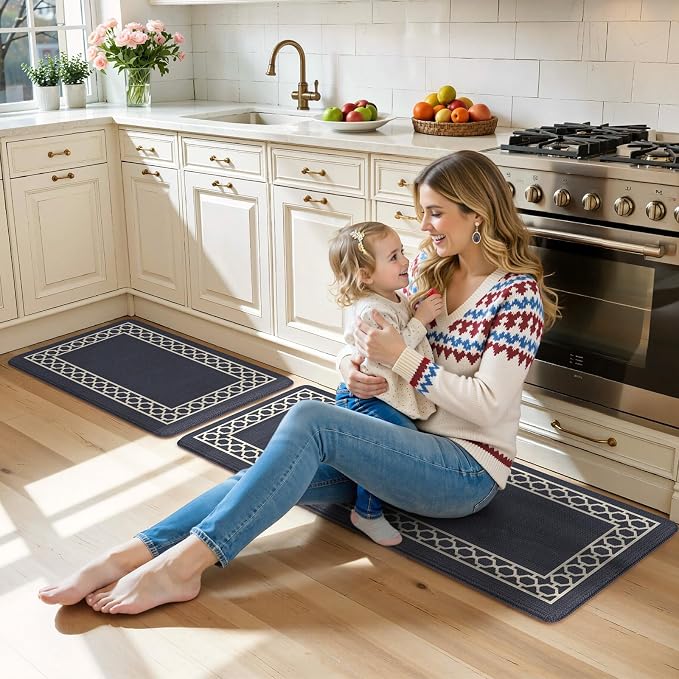 LEEVAN Anti Fatigue Kitchen Mats for Floor, Cushioned Kitchen Mat Set 2PCS | 20"x31"+20"x47", Boho Navy Blue Kitchen Rugs Non-Slip Comfort, Waterproof Ergonomic Standing Mats for Laundry, Office & Sink