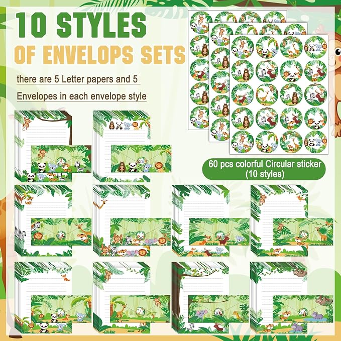 TaoBary 160 Packs Stationery Paper Set (50 Double Sided Stationery Writing Papers 50 Matching Envelopes) 60 Round Dot Sticker, 10 Design(Safari Animal,8.5 x 11 Inch)