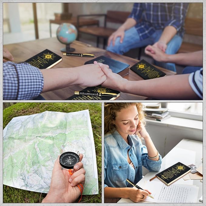 Fuyoooo 4 Pcs Baptism Gift Set for Men First Communion Gift Include Christian Journal Bible Notebook Engraved Compass and Religious Catholic Pen for Church Pastors