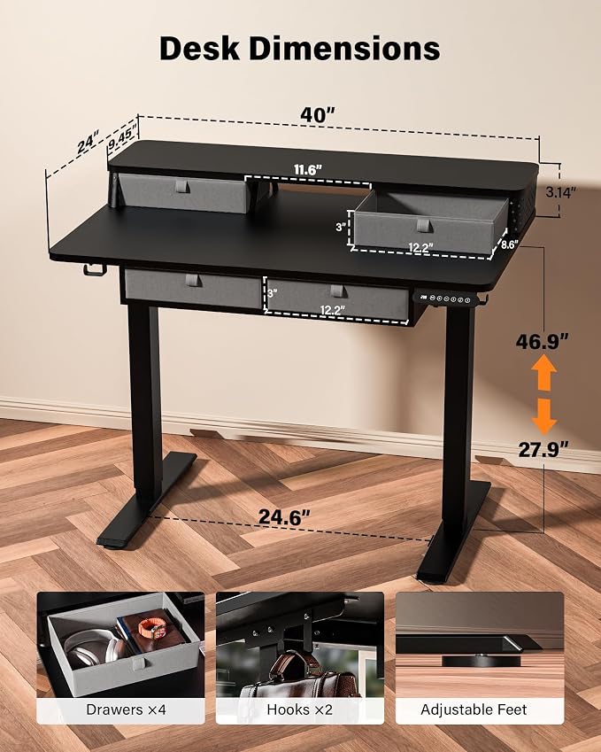 FiCiHi 40x24 Inch Electric Standing Desk, 4 Drawers, Adjustable Height Desk | Small Sit Stand Computer Desks, C-Clamp Compatible Home Office Desk with Monitor Stand, Cable Management, 3 Preset Heights