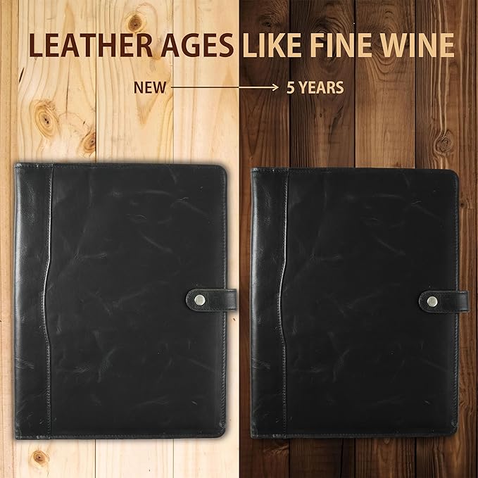 Leather Portfolio, Leather Binder with Pen, Resume Organizer & Padfolio for Men and Women | Business Portfolio with Card Holder & Document Organizer (Black)