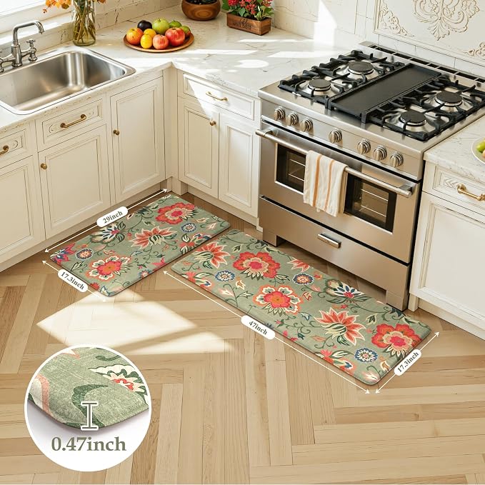 LEEVAN Anti Fatigue Kitchen Mats for Floor, Cushioned Kitchen Mat Set 2PCS | 17.3"x29"+17.3"x47", Boho Floral Green Kitchen Rugs Non-Slip, Waterproof Ergonomic Standing Mats for Laundry, Office, Sink