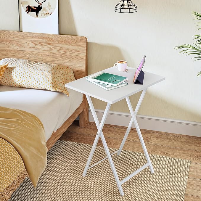 HOOBRO Folding TV Tray Tables, Set of 2 Side Table for Small Space, Industrial Snack Tables for Eating at Couch, Stable Metal Frame, Easy Assembly, Space Saving, White WW25BZ01N1
