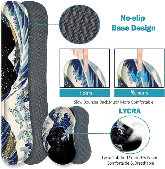 ToLuLu Extended Gaming Mouse Pad, Memory Foam Ergonomic Keyboard Mouse Wrist Rest Support Set, Large Desk Mat with Stitched Edges, Non-Slip Base Mousepad for Home Office Game Study, Wave of Kanagawa