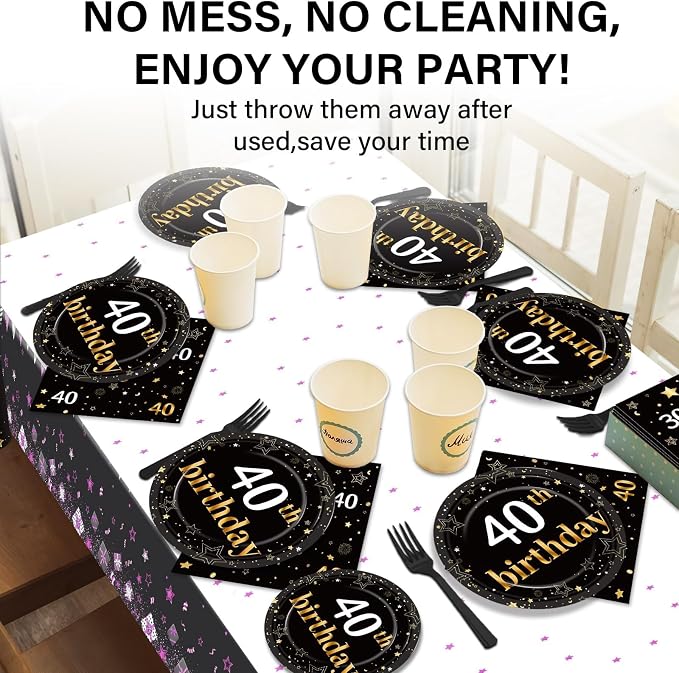 40th Birthday Party Supplies Serves 24 Black and Gold 40 Years Old Birthday Party Decorations Paper Plates Napkins Cheers to 40 Years Tablecloth Set Vintage 1986 Tableware Kit Favors for Men or Women